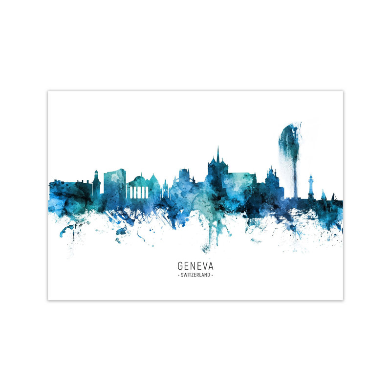 Geneva Switzerland Skyline Blue City Name by Michael Tompsett - Print, 30cm H x 42cm W x 1cm D, Unframed