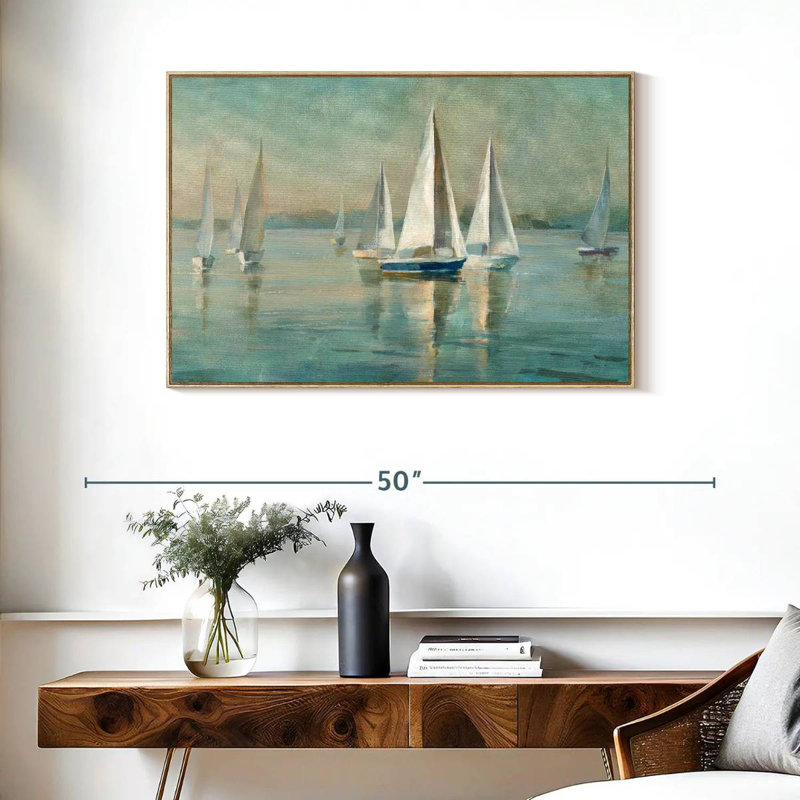 Voiliers au lever du soleil, Cadre flottant en bois naturel, 37 po x 25 po
