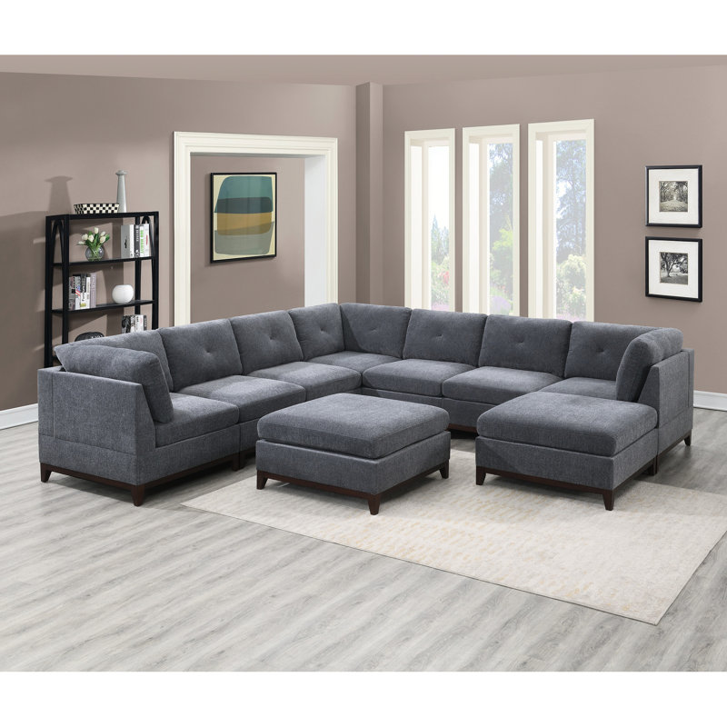 Canapé modulaire modulaire 9 pièces en chenille gris cendré - 3 canapés d'angle, 4 fauteuils sans accoudoirs, 2 repose-pieds, design classique, cales à dossier, look contemporain,
