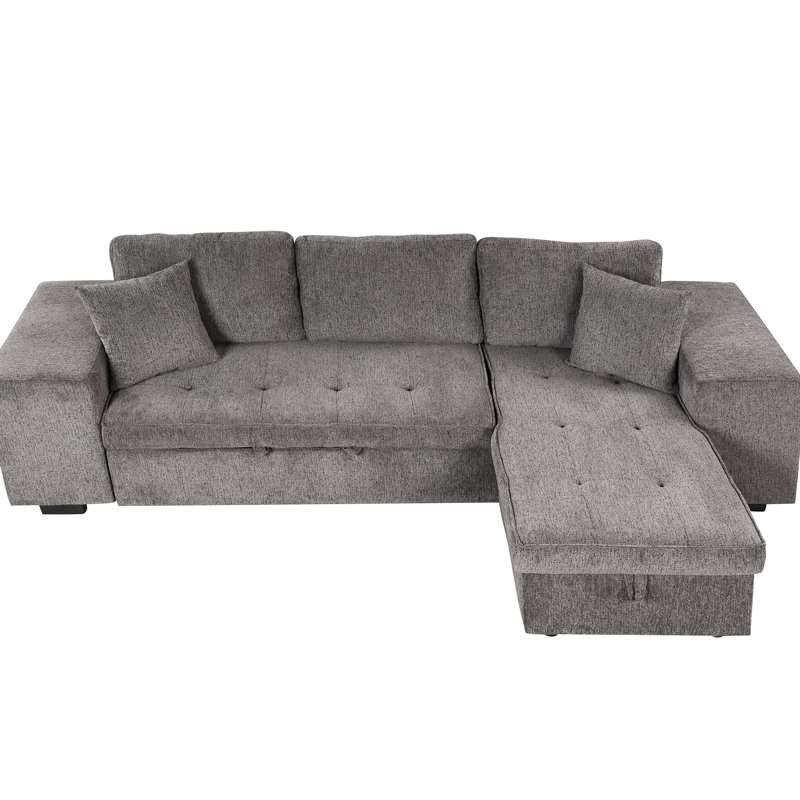 104.5" L-Shape Reversible Sectional With Sleeper And Chaise Storage, Charcoal 3 Seat Bed Storage 2 Stools, Linen Fabric, Color Scheme