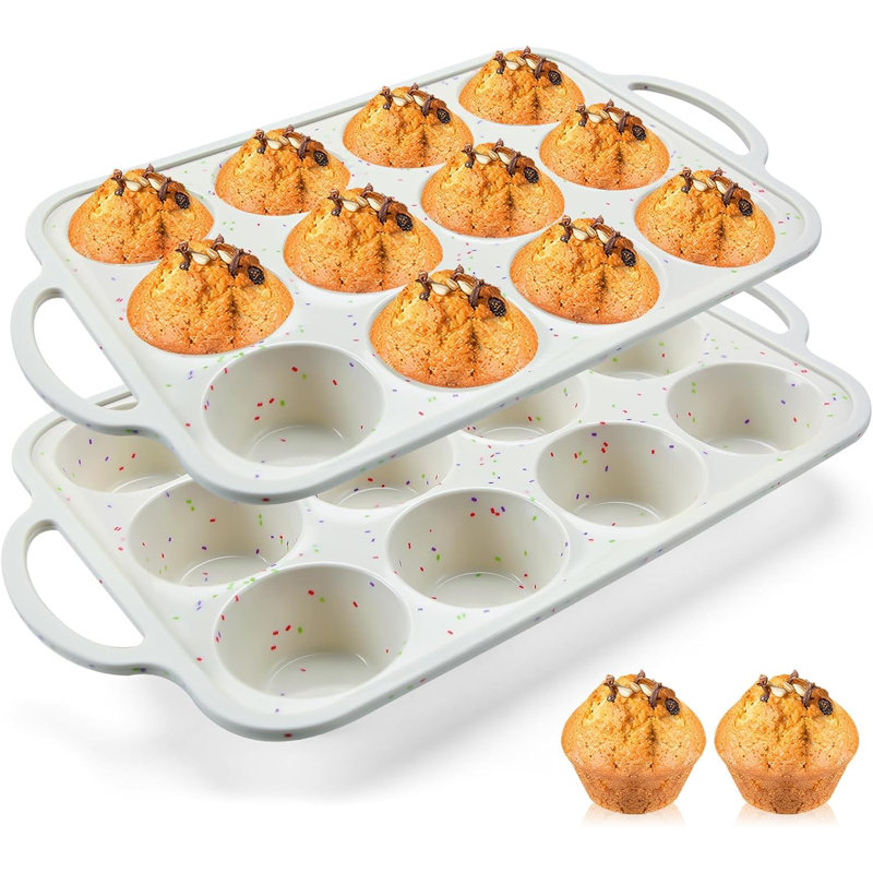 2Pack Silicone Muffin Pan for Baking with Metal Reinforced Frame, 12 Cup Regular Size Cupcake Pan
