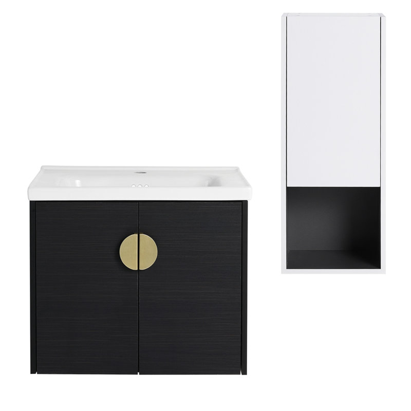 Meuble-lavabo mural 24 po avec lavabo en céramique et armoire latérale, portes à fermeture douce