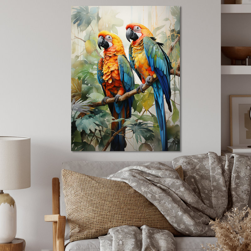 Deux perroquets sur une branche I - animaux, impressions sur métal, H 32 po x l 16 po