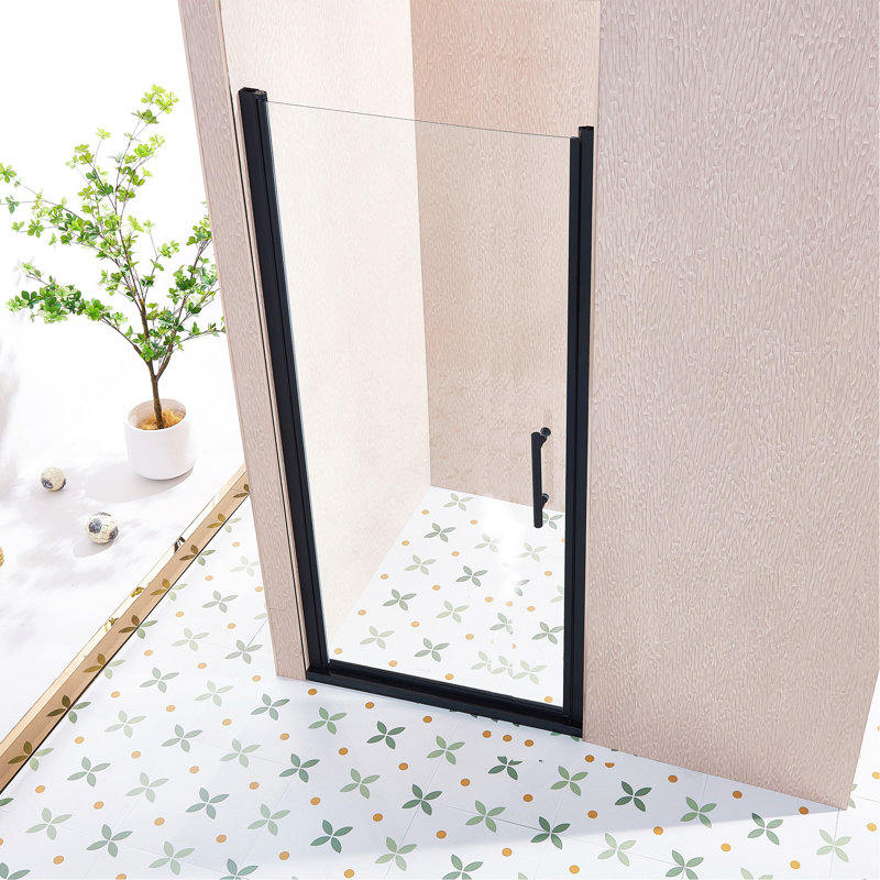 Porte de douche pivotante simple pivotante de 34 à 35,5 po x H 75 po, alliage d'aluminium noir mat, verre trempé clair de 1/4 po (6 mm) d'épaisseur.