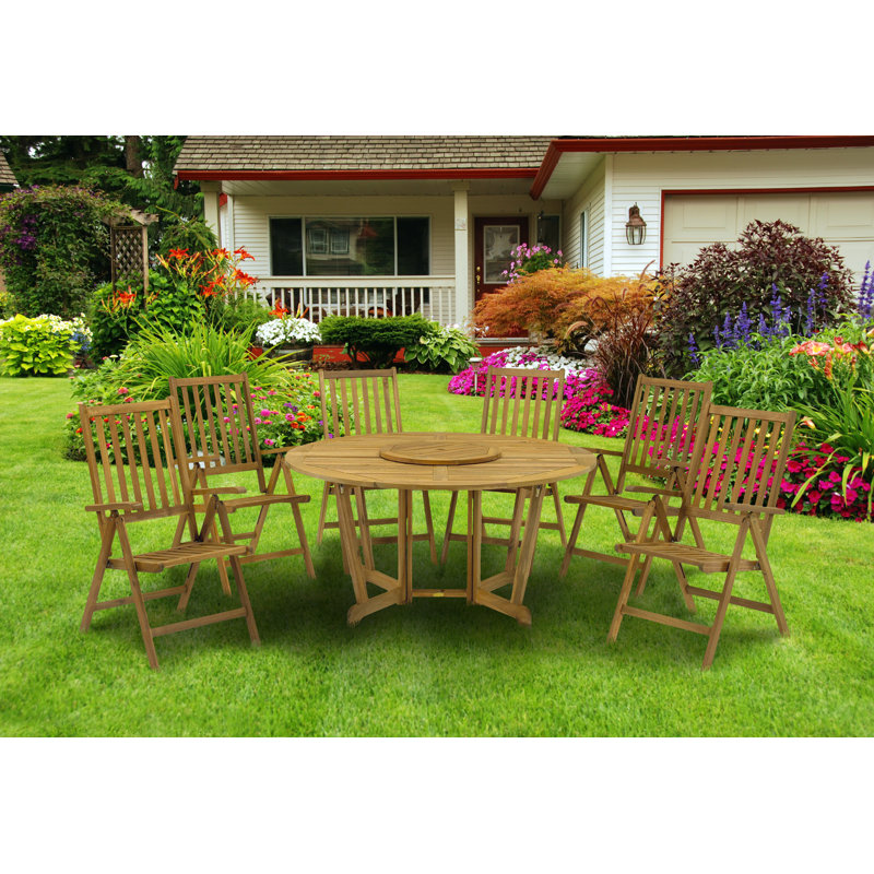 6 - Person Solid Wood Patio Dining Set Umbrella Hole Included Round Table