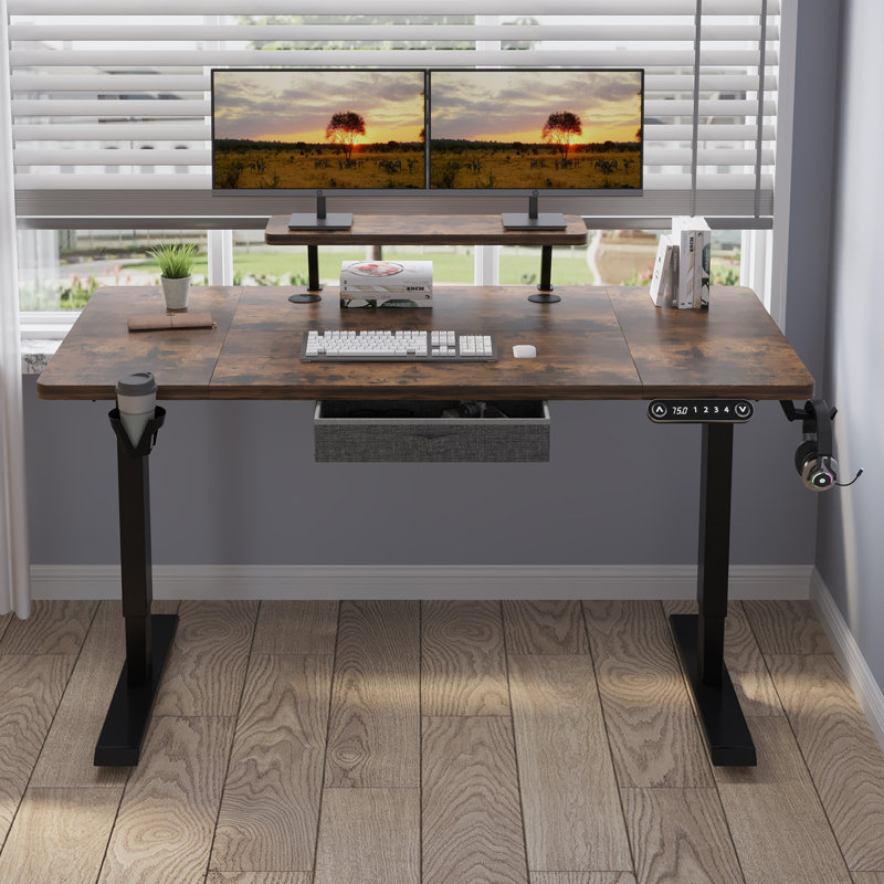 Lasherrie Height Adjustable Standing Desk With A Layer, 49" H x 63" W x 30" D, Brown