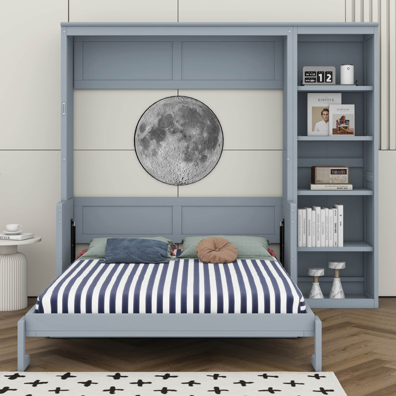 Lit escamotable double avec bureau, lit mural avec bibliothèque en bois et bureau, cadre de lit mural peu encombrant avec tablettes de rangement