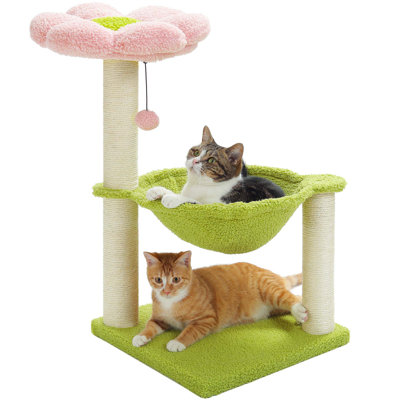 28" Cat Tower With Cozy Flower Perch, Large Hammock With 2 Replaceable Compostable Scoop