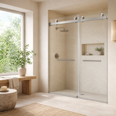 48 in. W x 74 in. H Frameless Double Sliding Shower Door with 5/16 in. (8 mm) SGCC-Certified Tempered Safety Glass, Brushed Nickel Stainless Steel Hardware
