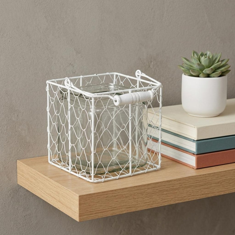 5.5" White and Clear Wire Basket Glass Jar