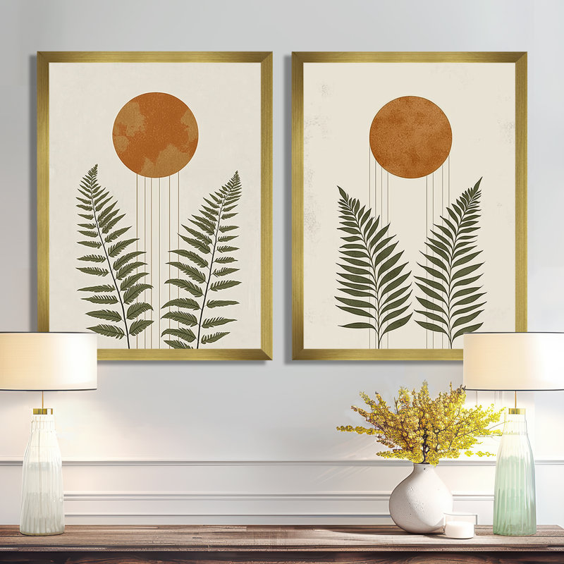 Art mural moderne orange et vert - formes modernes Mid-Century 2 pièces, H 32 po x l 48 po, Gold Picture Framed