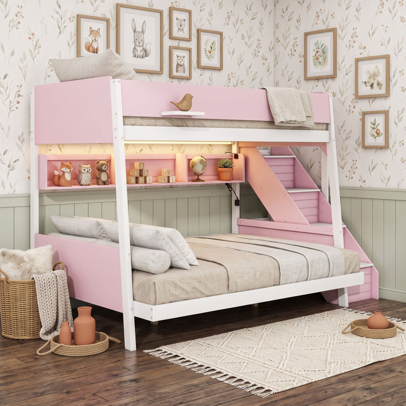 Lit superposé en bois avec tablettes, escalier à rayures, DEL et garde-corps, Jumeaux sur complet, Rose