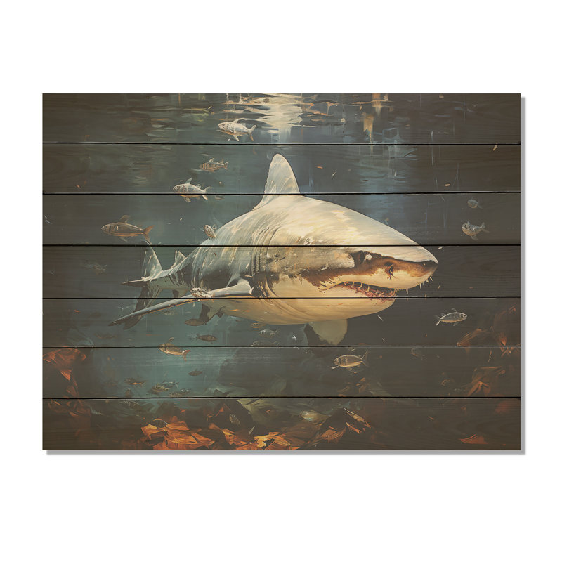 Underwater Shark Attack II - Shark On Wood Print, 10" H x 20" W