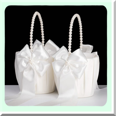 Elegant Ivory Flower Girl Basket with Pearl Handle