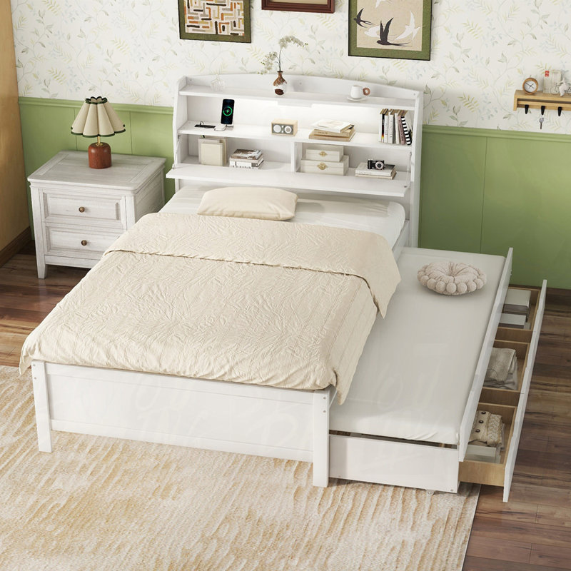 Lit plateforme avec rangement et tiroirs, Double, Blanc