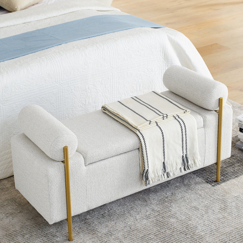 Comfortable Upholstered Linen Bench For Bedroom, Hallway, Living Room - White, With Iron Legs And Cushioned Support Modern Storage Cylindrical Arms & Wooden Frame White