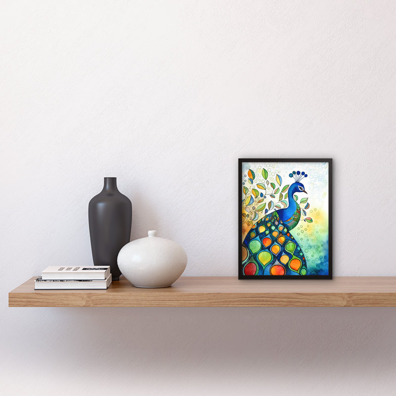 Peacock Bird Folk Art Watercolour Painting Artwork Framed Wall Art Print 9X7 Inch
