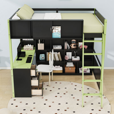 Lit mezzanine en bois avec bureau, tablettes, tiroirs et lumières DEL