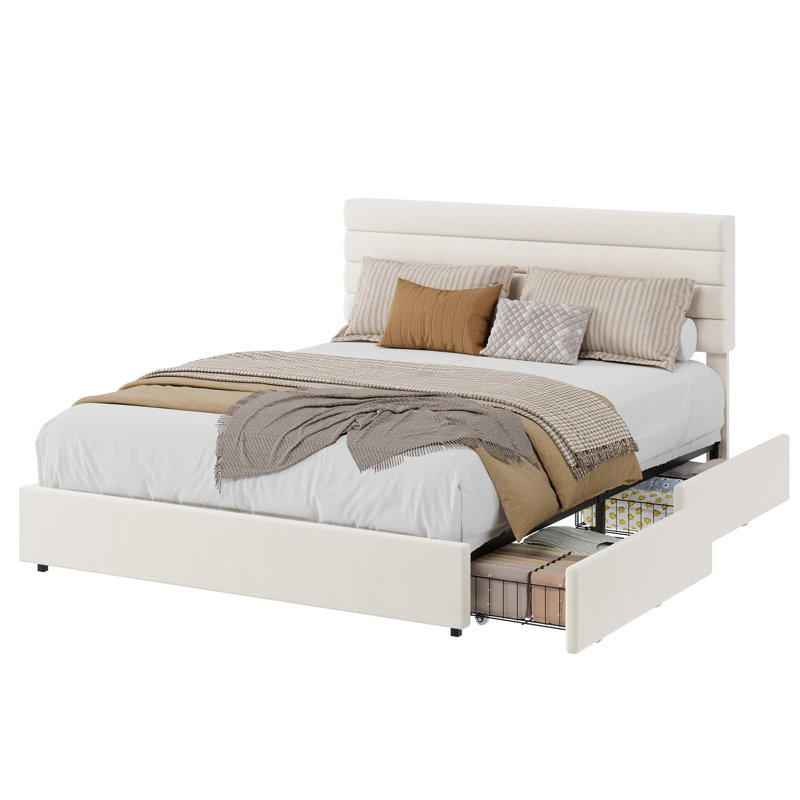 Structure de lit grand format, lit plateforme avec rangement en velours avec 4 tiroirs, support de lattes en bois, aucun sommier requis, assemblage facile, beige