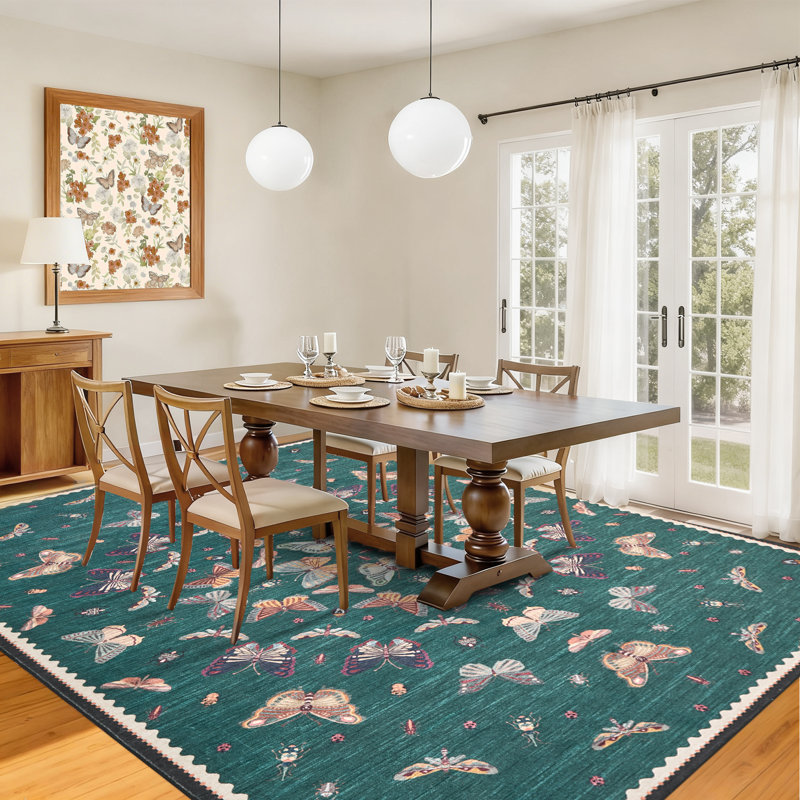 Tapis vintage à motifs papillons et poils ras, Sarcelle, 8 x 10 pi