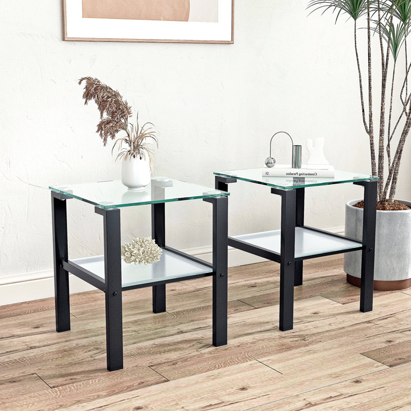 Ensemble de 2, table basse en verre à deux couches, petite table ronde, table de coin de chambre à coucher, table d'appoint de salon