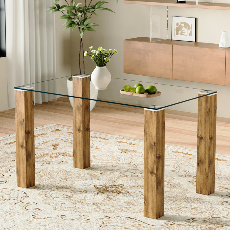 Table de salle à manger 49,6 * 30 pouces avec pieds en verre transparent et grain de bois, conception de connexion exquise, configuration de glissement pour