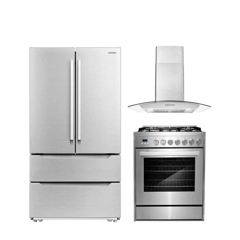 Cosmo 3 Piece Kitchen Appliance Package with French Door Refrigerator ...