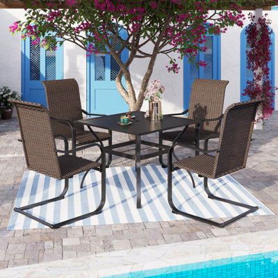 Alyah Square 5-pieces Patio Dining Set Metal Table With Umbrella Hole 4 Pieces C-spring Armchairs -  Lark Manorâ¢, 0CE80C69BEA04DCC88F77ECF9CE06B8C