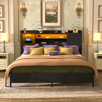 Longan Storage Bed with Headboard, LED Lights and Charging Station