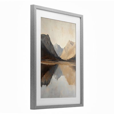 Terracotta Reflections Lake Landscape, reproduction encadrée sous verre, design par Petal Prints Design