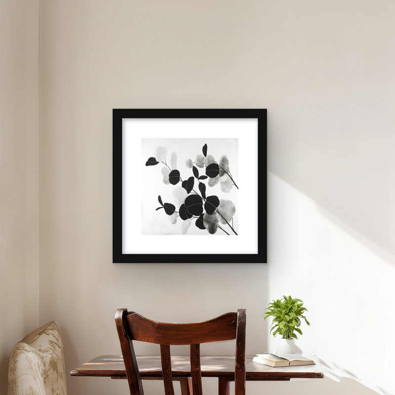Reproduction encadrée en niveaux de gris avec feuilles - noir et blanc