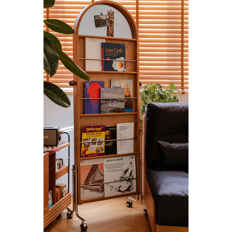 Modern Minimalist Cherry Wood Mobile Storage Full-Length Mirror