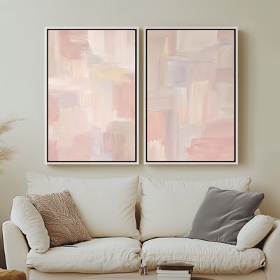 Framed Canvas Wall Art - Soft Blush Pink and White Abstract Brushstroke Design - 24"x36"x2pcs