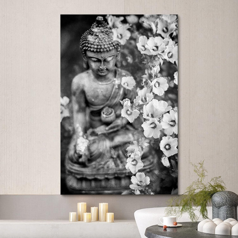 Statue de bouddha bouddhiste, fleur de lys sur toile, H 24 po x l 16 po x P 1,5 po