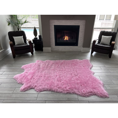Faux Bison Skin Fur Shag Area Rug in Pink