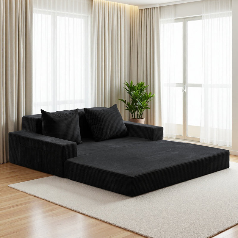 4 In 1 Convertible Compression Sofa Couch Foldable Floor Sofa Bed In A Box With 2 Cup Holders, 20" H x 62" W x 36" D, Black