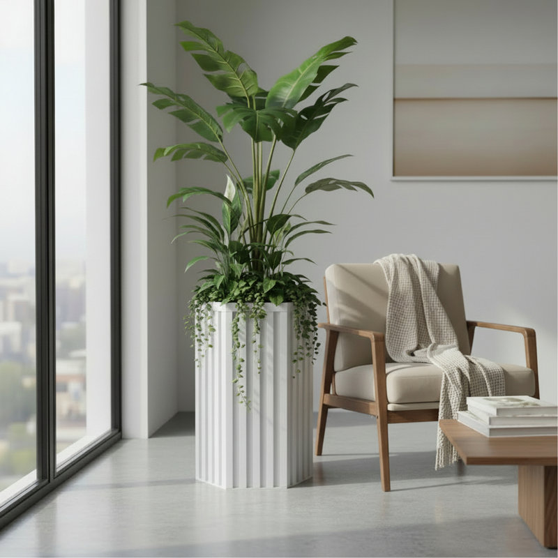 Hexagon Column Planter MD - White, White, 22.25" H x 13.5" W x 11.75" D
