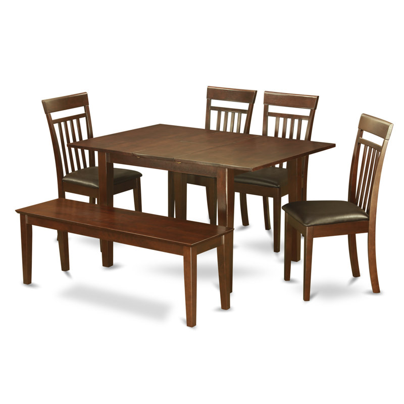 6 Piece Modern Dining Table Set Contains a Rectangle Wooden Table with Butterfly Leaf and 4 Faux Leather Dining Chairs with a Bench, Mahogany