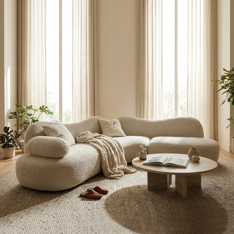127.9"Modern Curved Crescent Shape And Butterfly Backrest Living Room Couch, Minimalist Comfy Boucle Fabric Modular Sofa, Beige