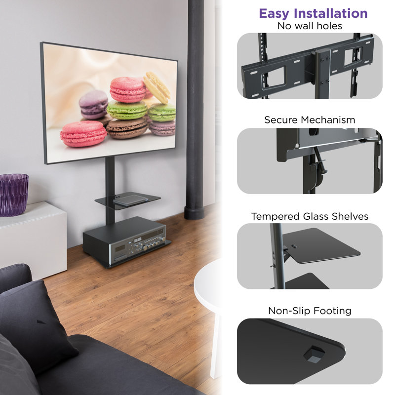 Black Steel 30.5" Swivel TV Floor Stand with Shelf