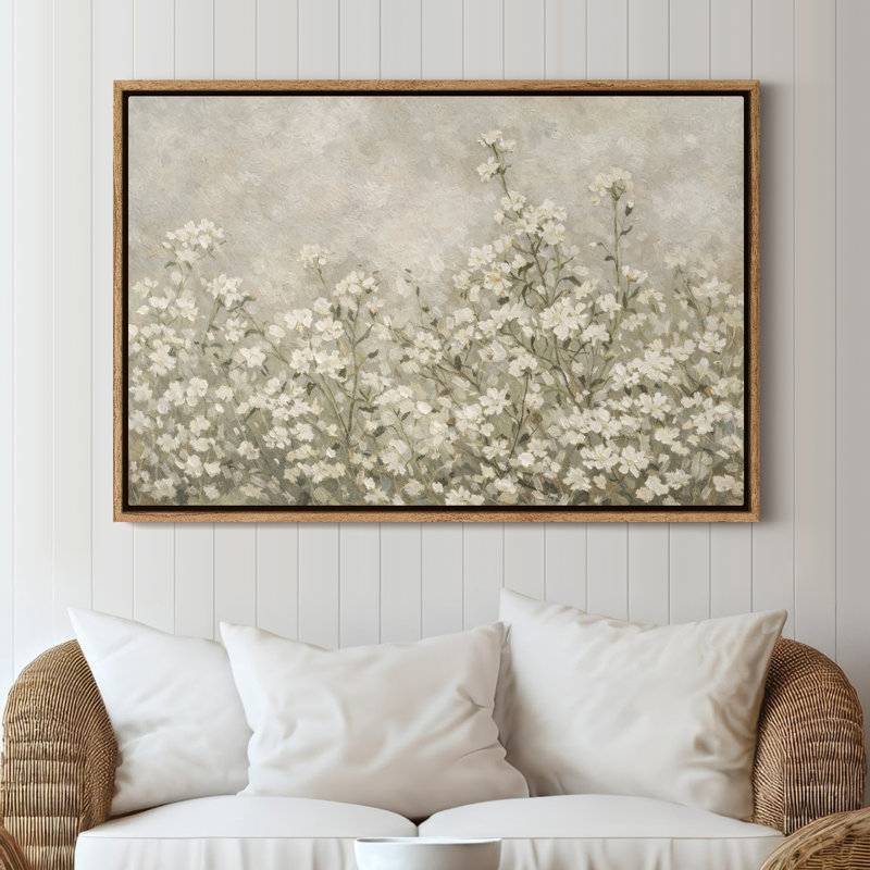 Art mural encadré sur toile - Champ de fleurs sauvages blanc doux dans une palette neutre et calme - 16 po x 24 po, 24 po x 36 po