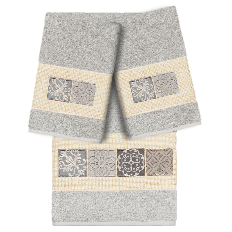 100% Turkish Cotton Vivian 3 Piece Embellished Towel Set, Light Gray