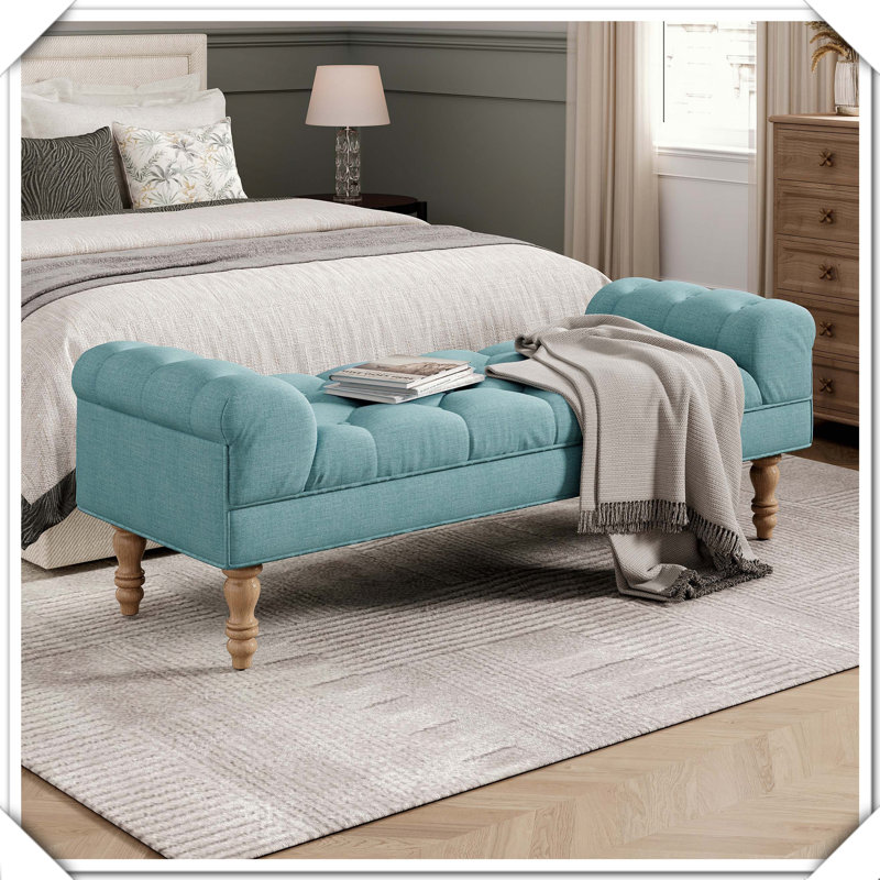 Button-Tufted Upholstered Ottoman Bench Rolled Arms Foot Rest Practical Durable Stylish Functional, Dusty Teal, Natural