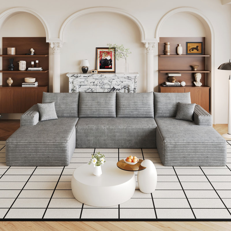 Canapé modulaire en forme de U avec velours côtelé moelleux et sans assemblage, Velours côtelé gris, Gris