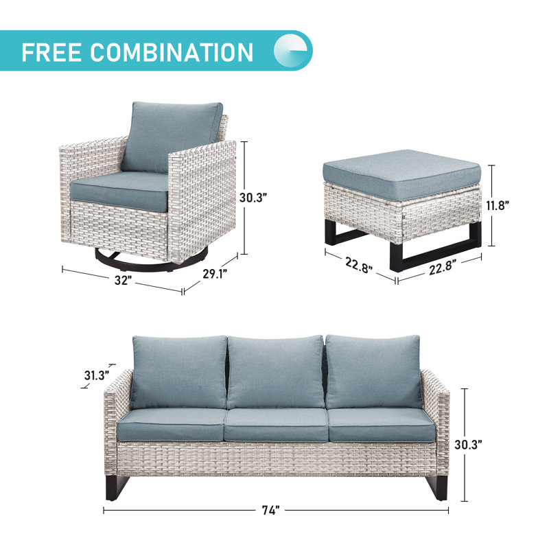 Naresa - Person Patio Conversation Set with Cushions, Light Gray, Babyblue