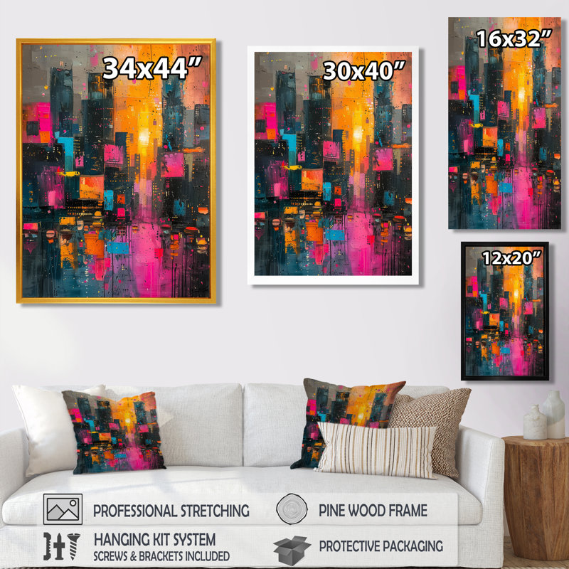 Édifices muraux de luxe urbain rose et noir - Bâtiments de ville, art mural, Cadre simple noir, H 24 po x l 32 po