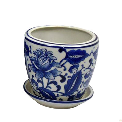 Ensemble de 4 pots à fleurs avec soucoupe, imprimé floral bleu rétro, céramique blanche