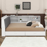 Platform Bed Frame With Hidden Storage Headboard, Rotatable Holder, Side Bookcase & 2 Drawers