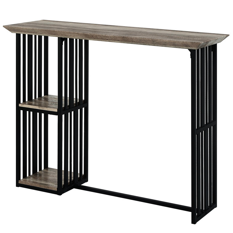 Table rectangulaire à hauteur de comptoir industrielle - 2 tablettes, chêne, travail noir sablé avec tablettes chêne et finition