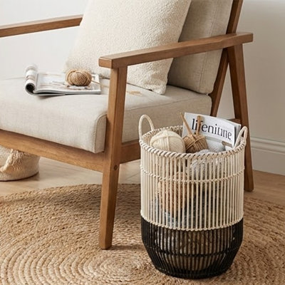 Vanie Basket Set of 2, Slat Patterns, Black Iron, Cream Bamboo 23 19 Inch
